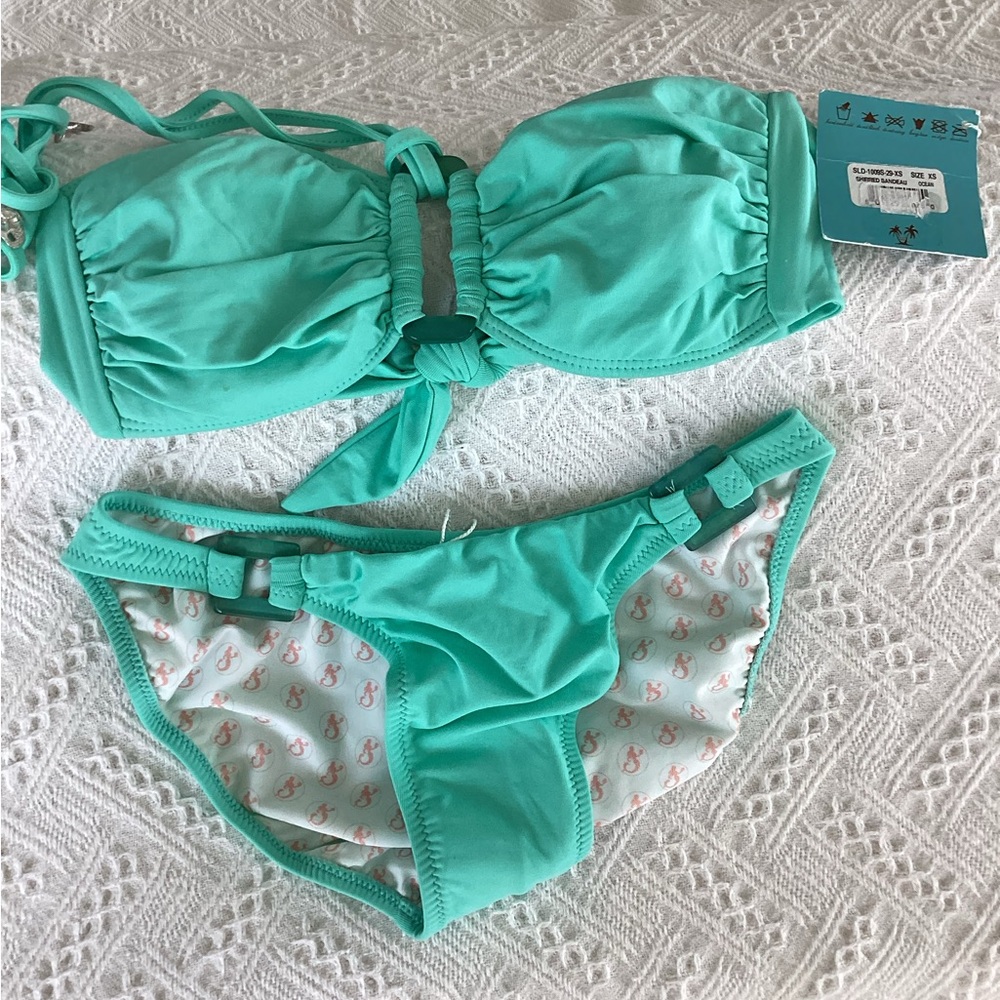 Letarte Ocean Blue Shirred Bandeau swim set sz XS NWT